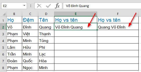 Gộp dữ liệu họ và tên bằng Flash Fill